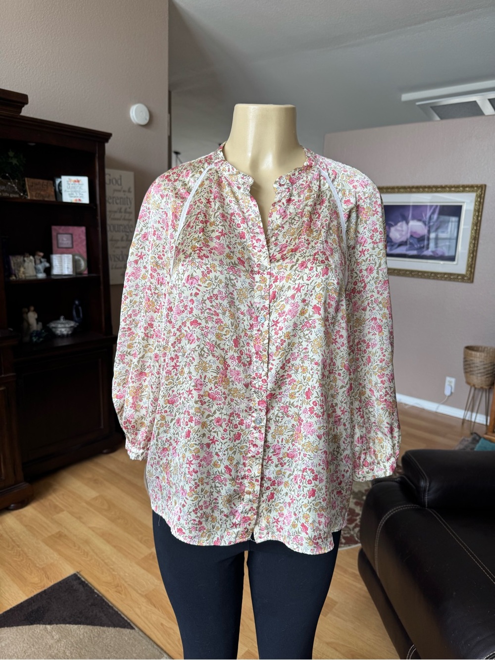 Zara pink, green & cream floral button down silky 3/4 sleeves blouse-size M